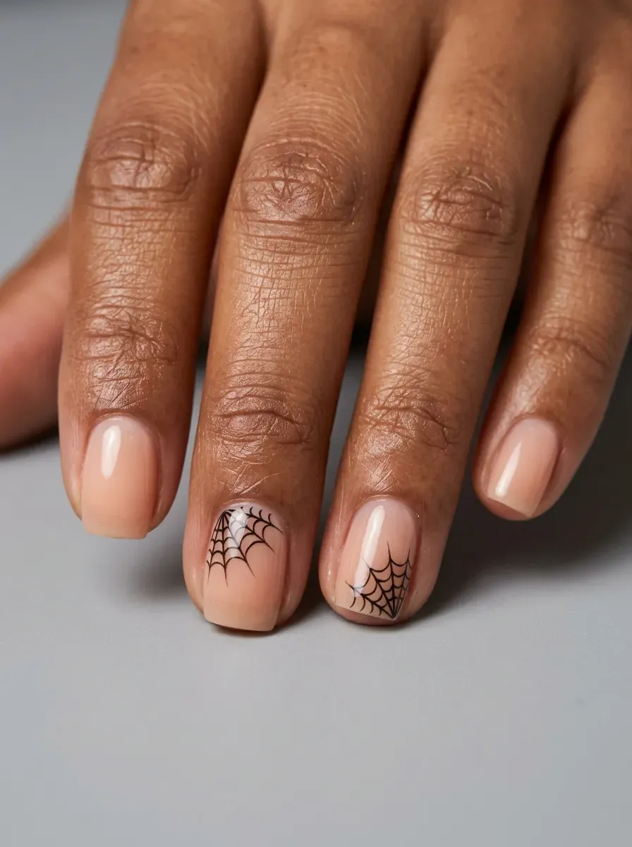 Short squoval nails with peachy nude polish and black web accents