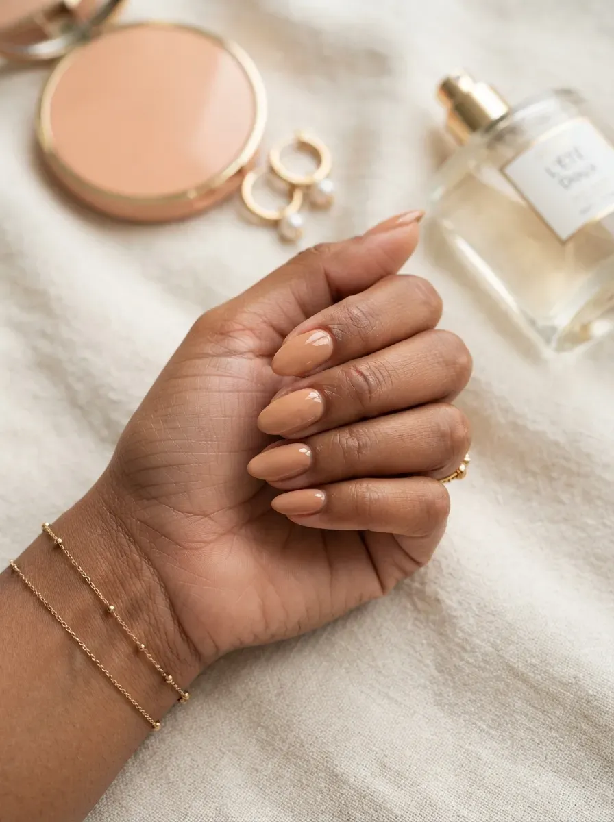 Peachy nude almond nails on warm brown skin with soft gold accessories