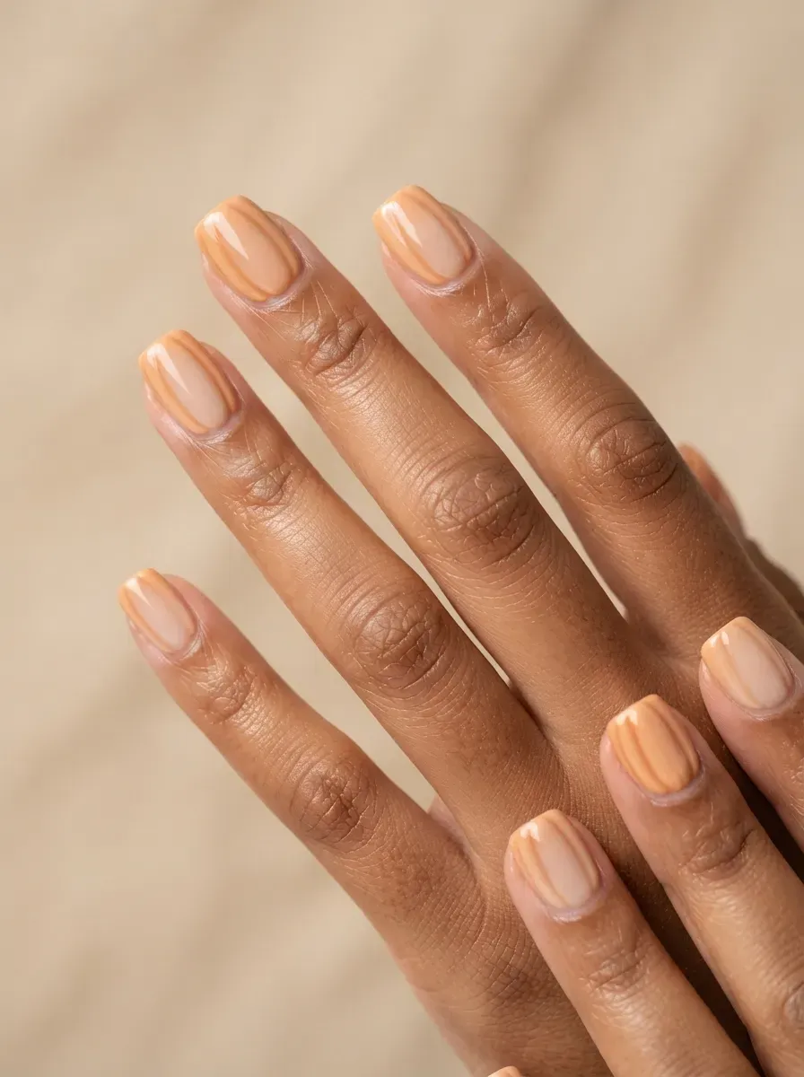 Medium squoval nails with peach pumpkin French tips on brown skin