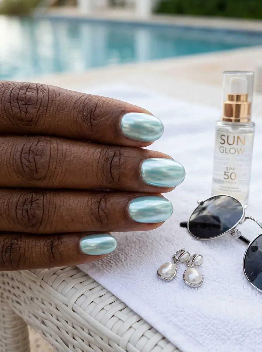 Pearlescent aqua chrome finish on short oval nails near pool water