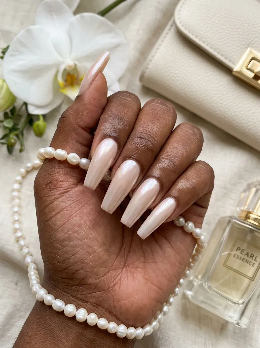 Long coffin nails with soft pearl chrome over milky base