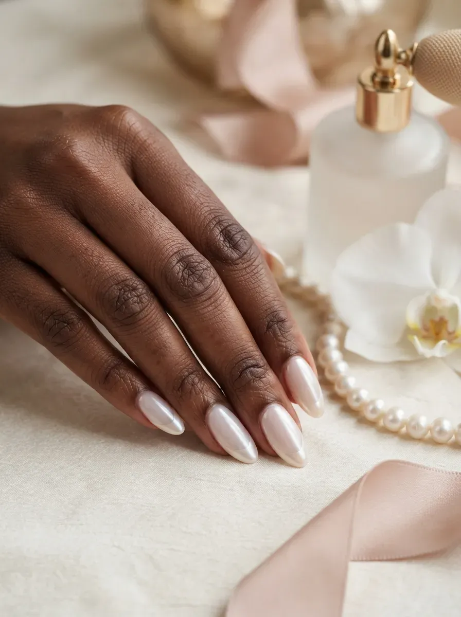 Pearl chrome deep French tips on milky almond nails with dark skin
