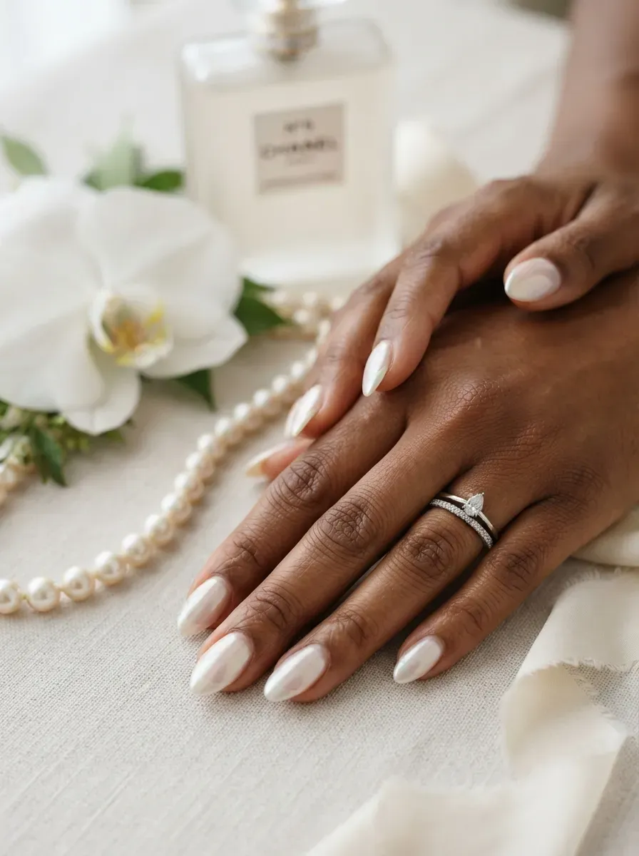 Pearlescent French tips on milky almond nails over rich brown skin
