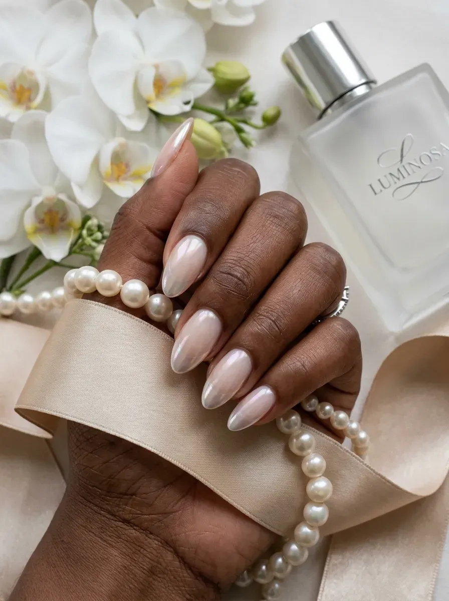 Pearl chrome French tips on milky almond nails with brown skin