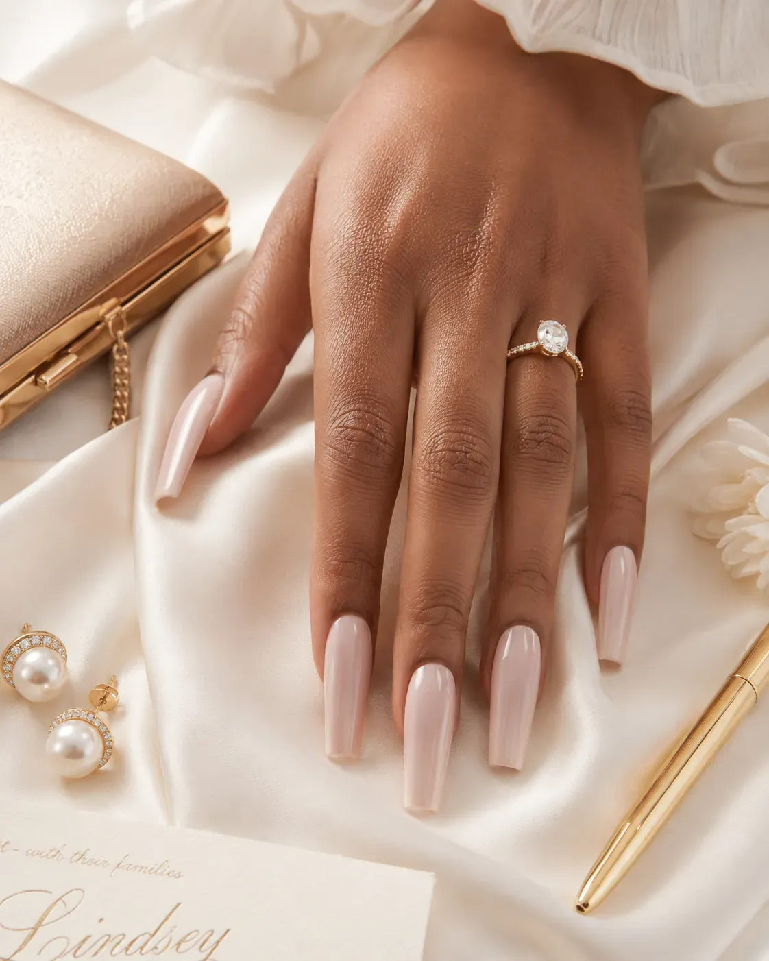 Long ballerina nails with nude ombré fade and pearly surface glow