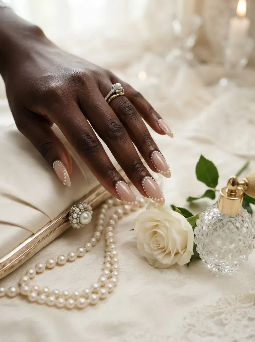 Tiny pearls tracing deep French curves on almond nails with dark skin