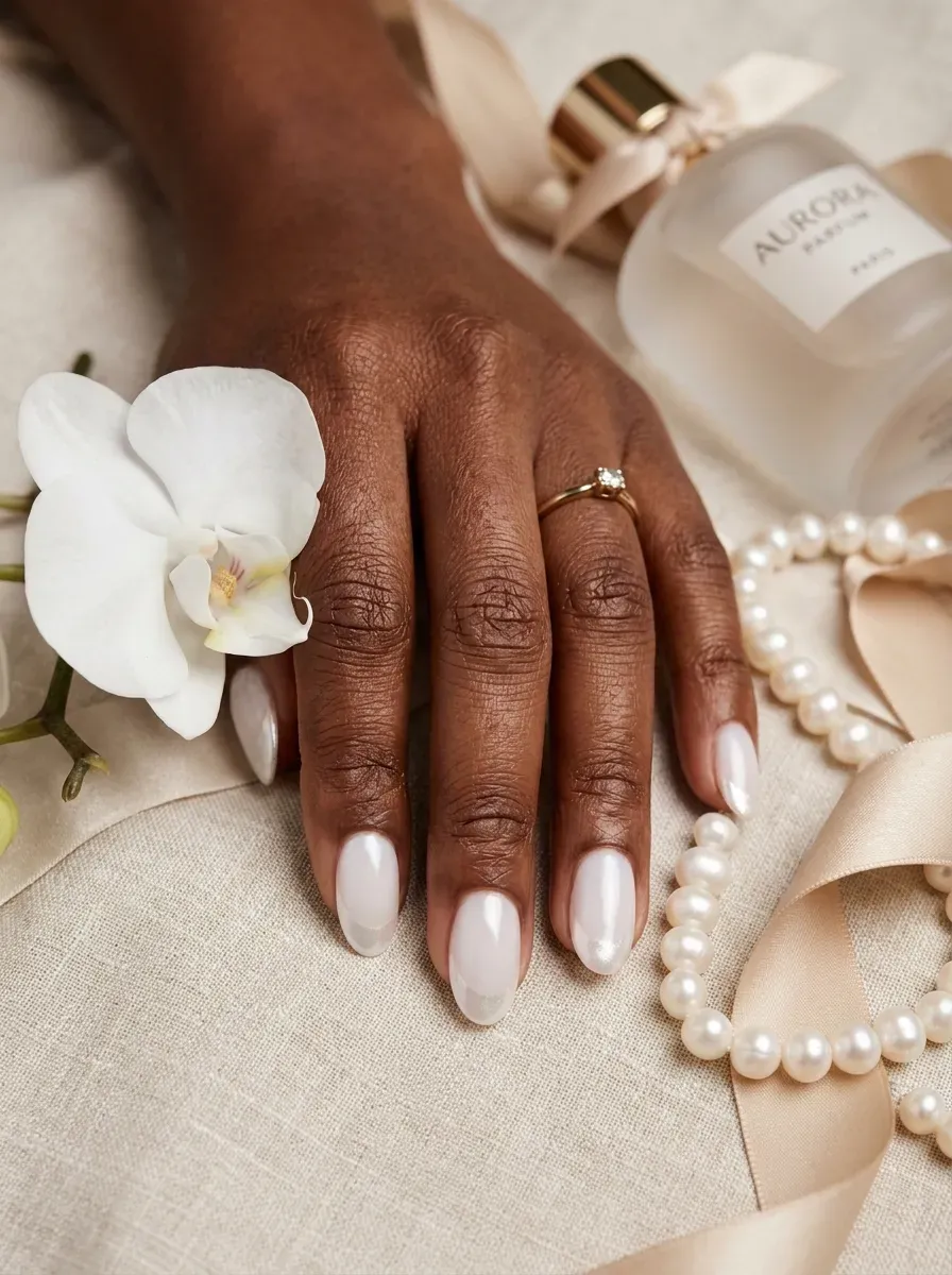 Soft pearl sheen French tips on milky oval nails with chestnut skin