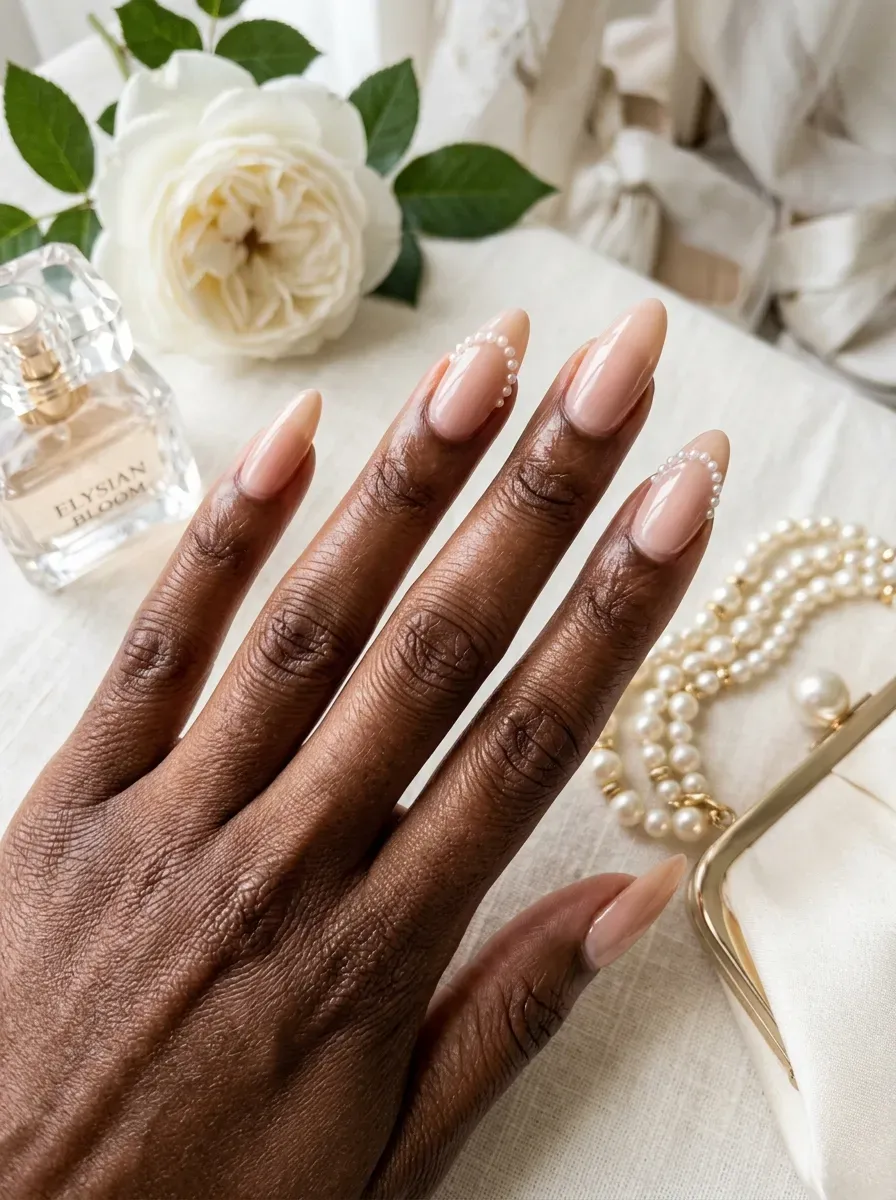 Tiny pearl studs lining French smile lines on long nude nails