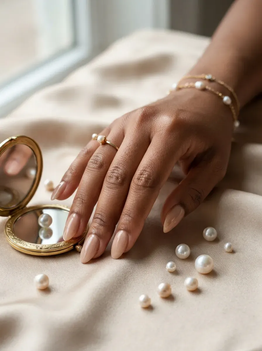 Close-up of pearl-studded french tip nail art on brown skin with warm undertones
