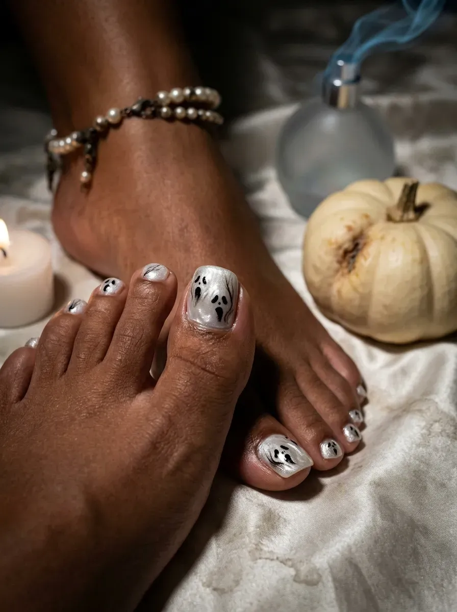 Pearl white toes with tiny ghost faces painted on big toenails