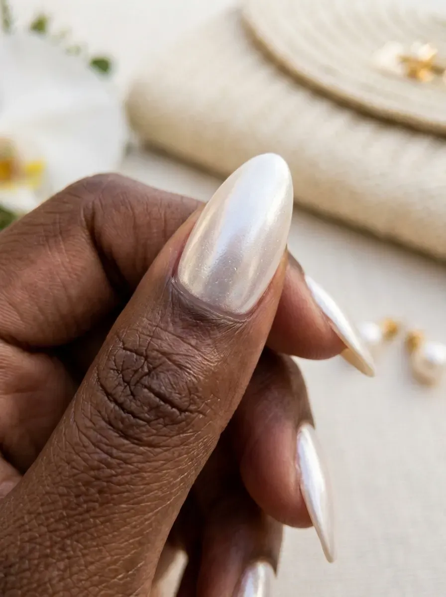 Pearl white almond nails with soft reflective finish on deep brown skin