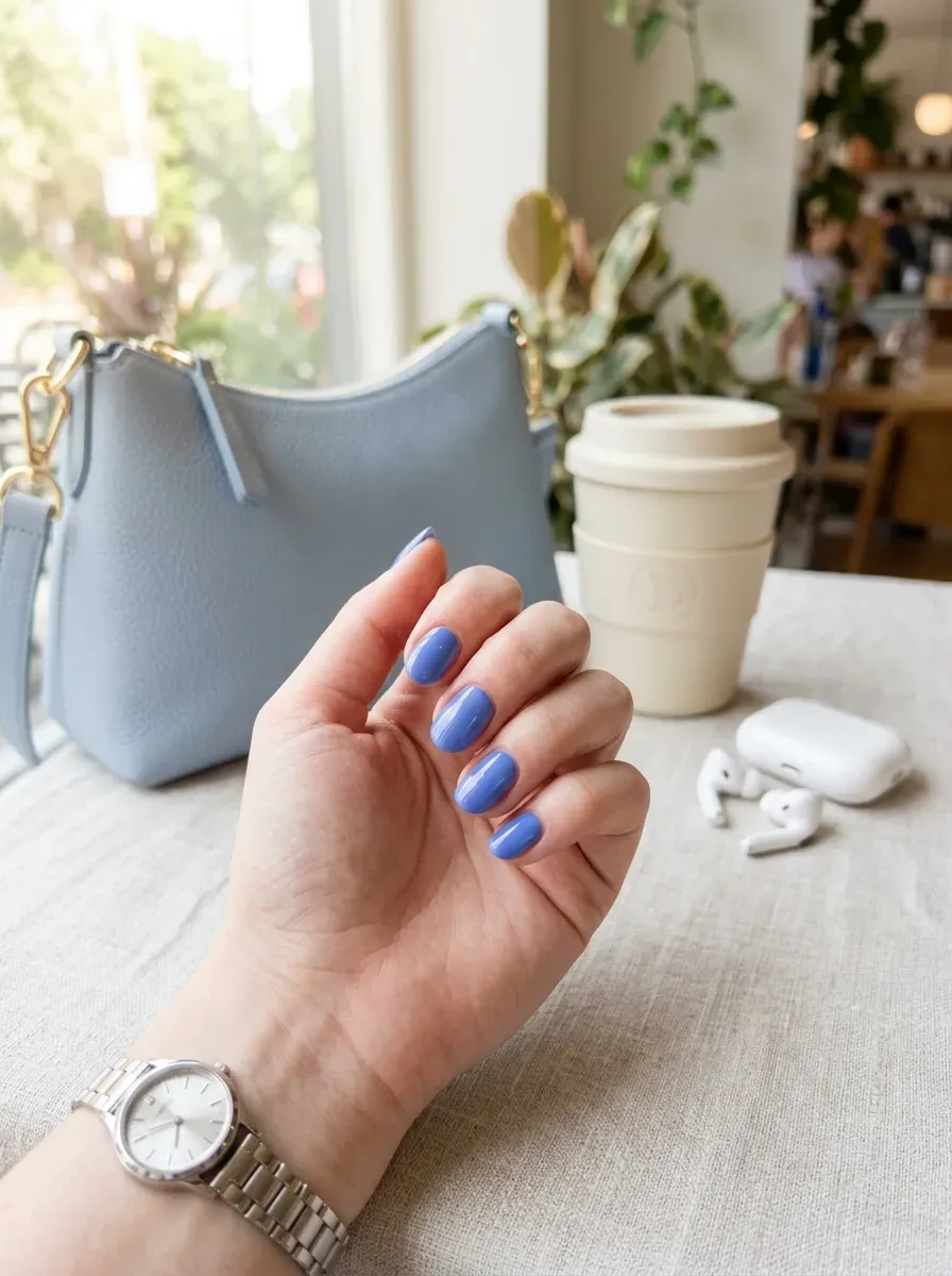 Short oval nails coated in glossy periwinkle blue cream polish