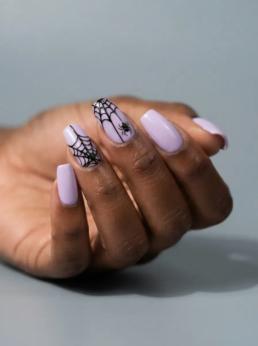 Soft pink aura nails with black starburst accents on warm brown skin