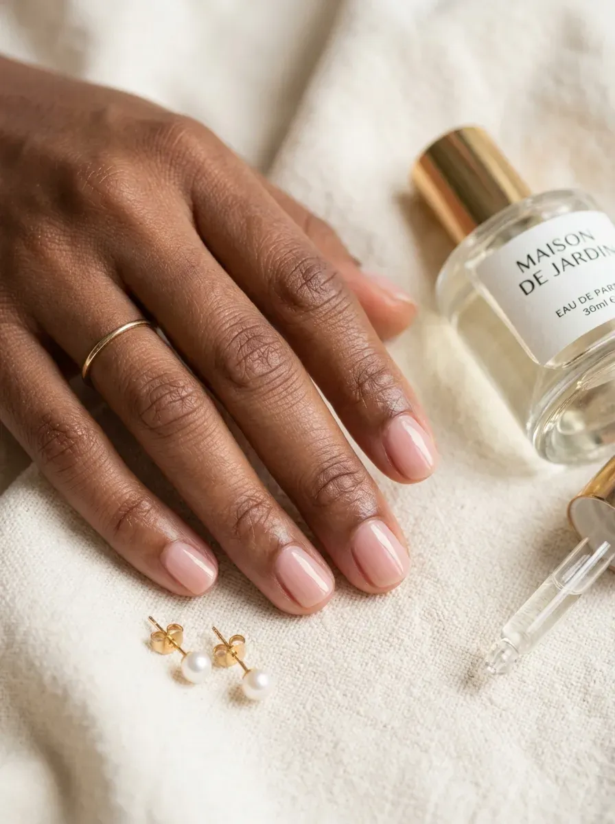 Sheer pink beige short nails on warm brown skin with delicate accessories