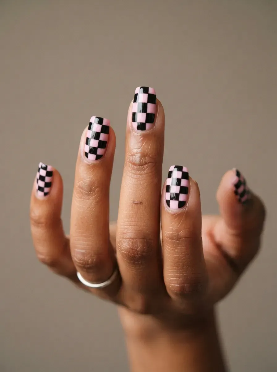 Pastel pink and black checkerboard nails on warm brown skin with glossy finish