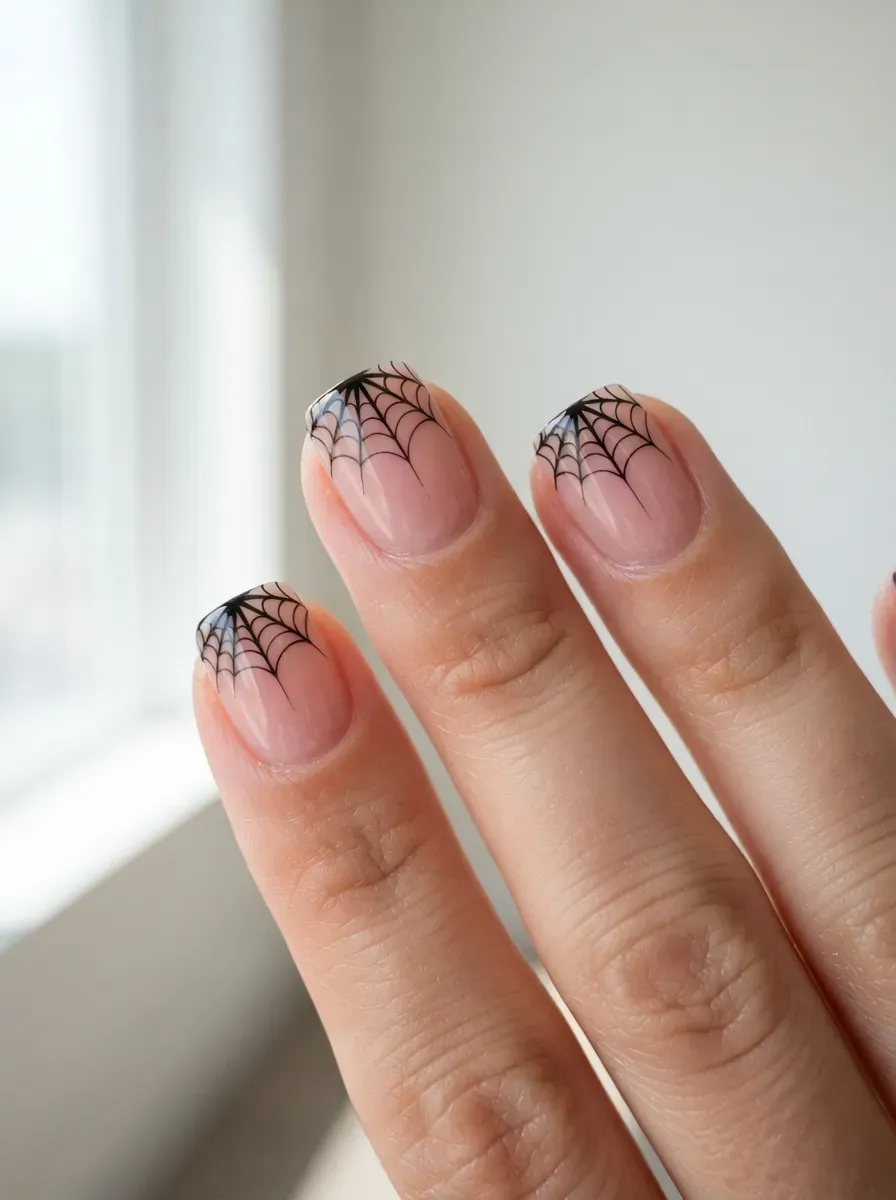 Short pink nails with black spiderweb French tips and glossy finish