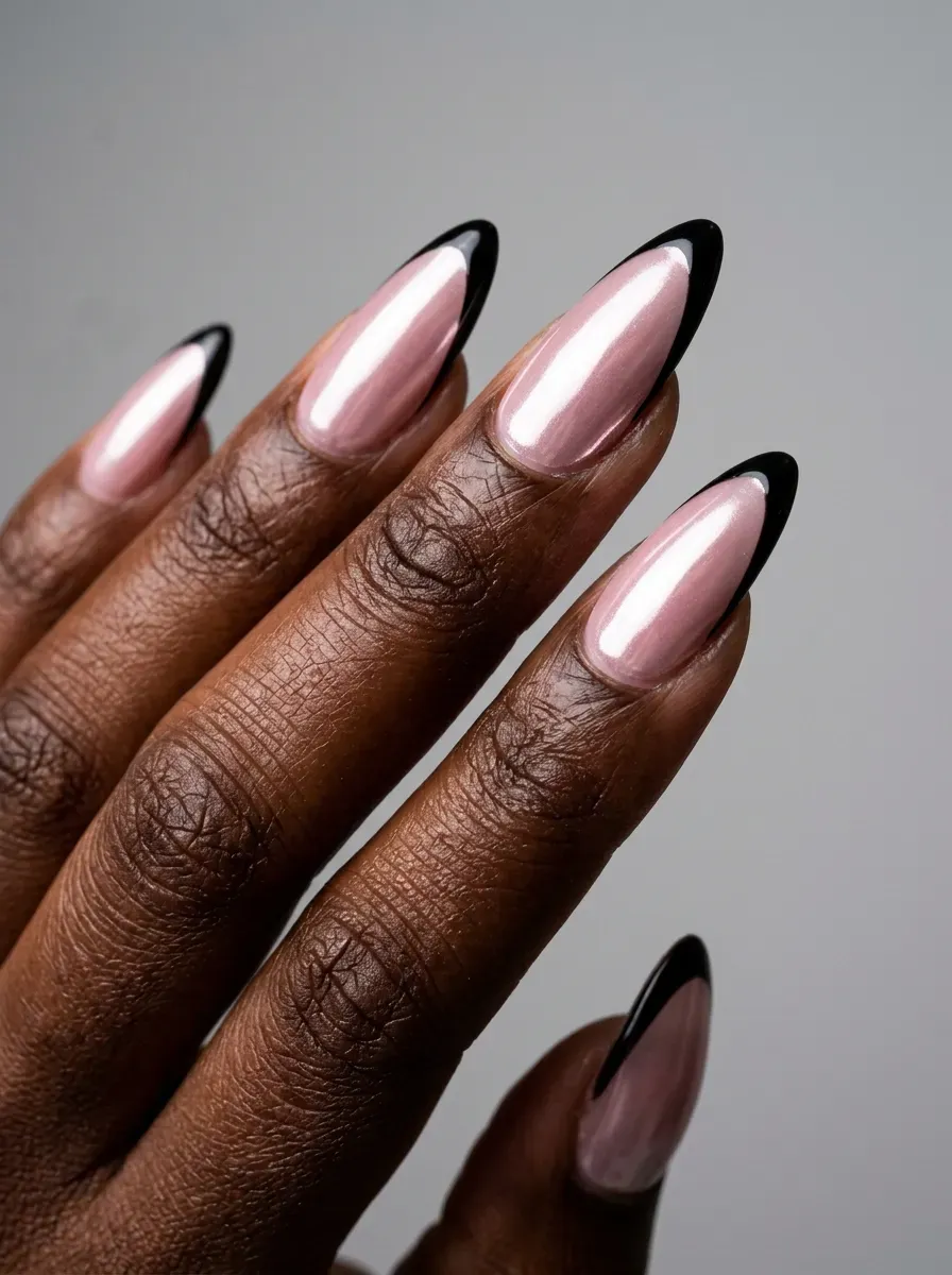 Long almond nails with pink chrome finish and black French edges