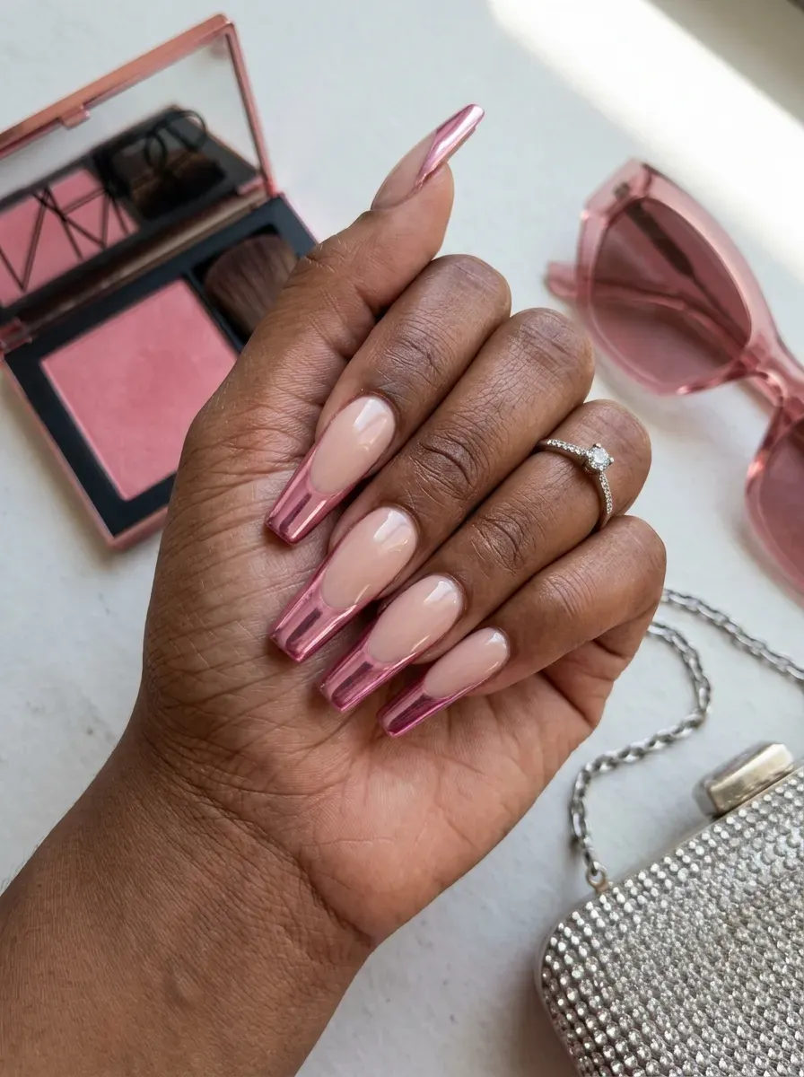 Long nude coffin nails with reflective pink chrome French tips