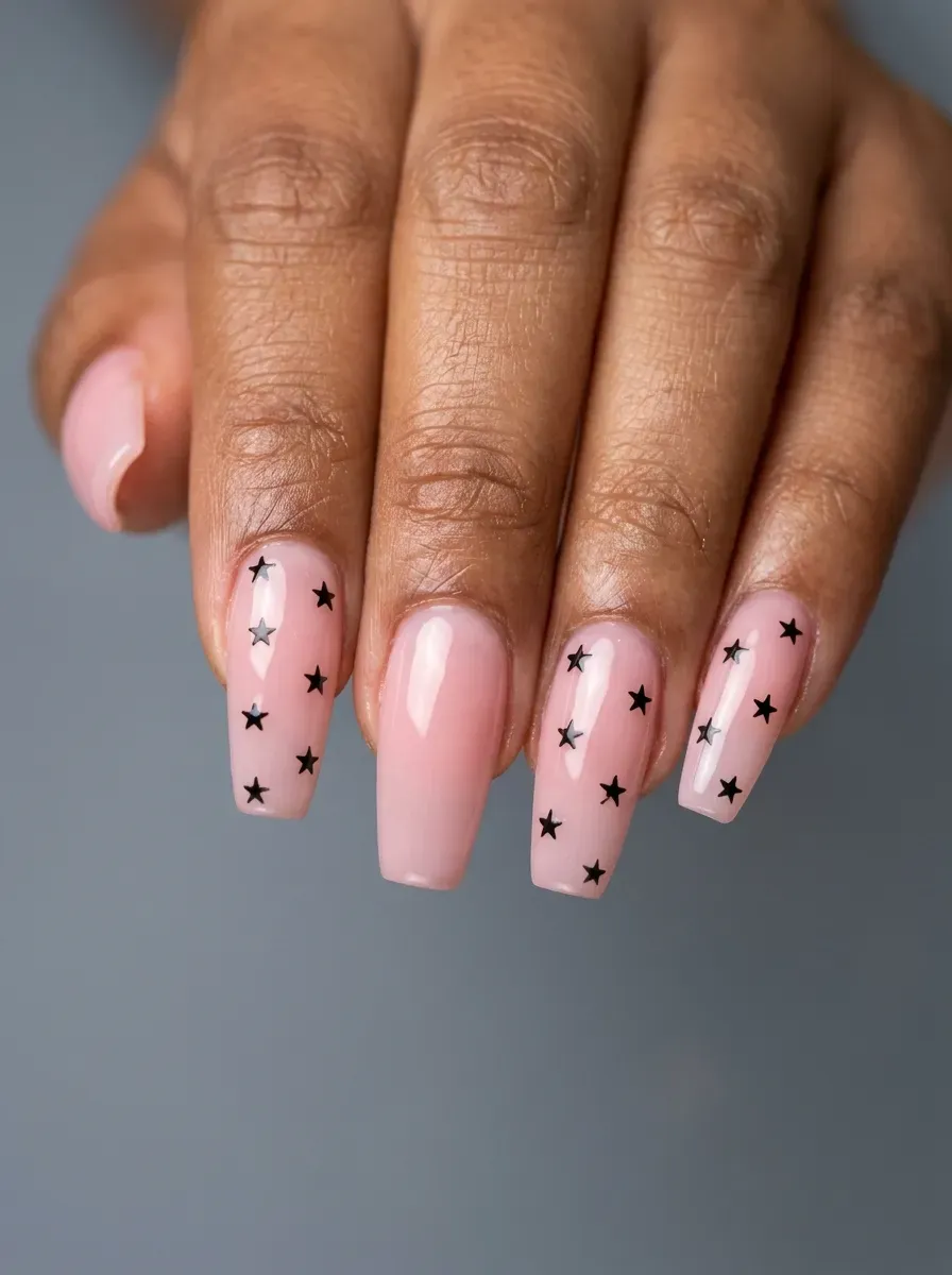 Medium coffin nails with soft pink polish and tiny black star accents