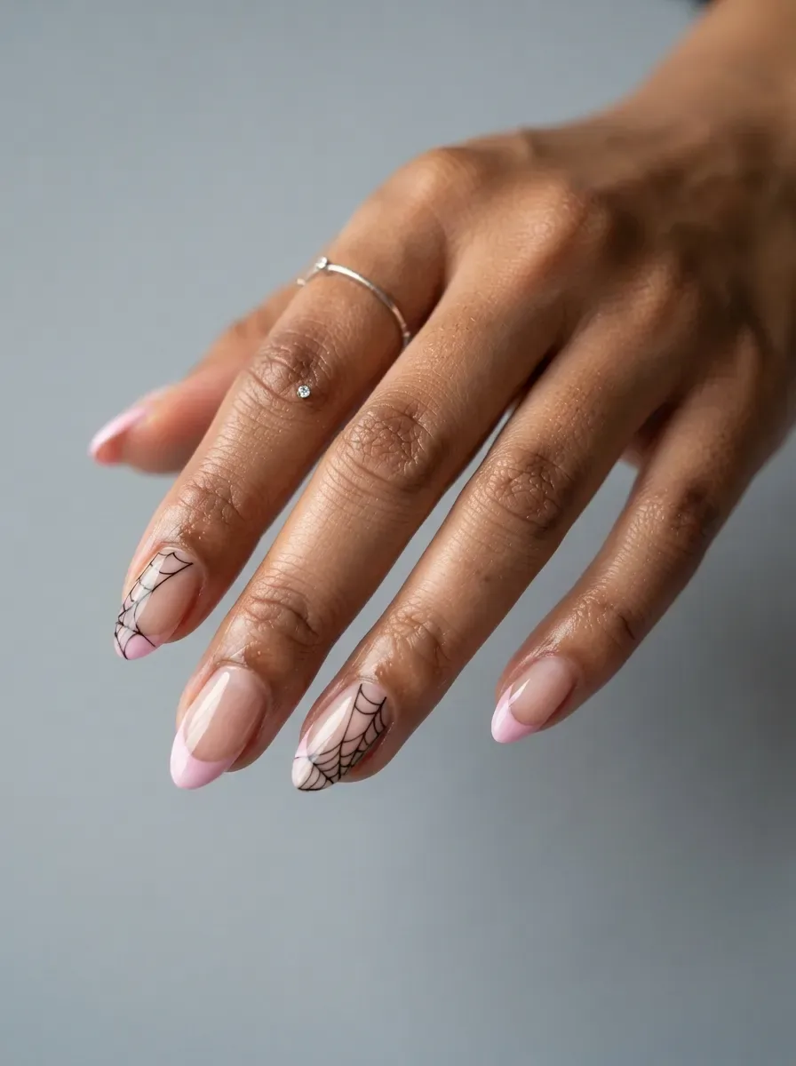 Pastel pink French tips with delicate black spiderweb corners on brown skin