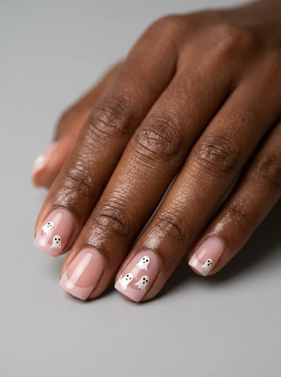 Short squoval nails with pink French tips and tiny ghost accents
