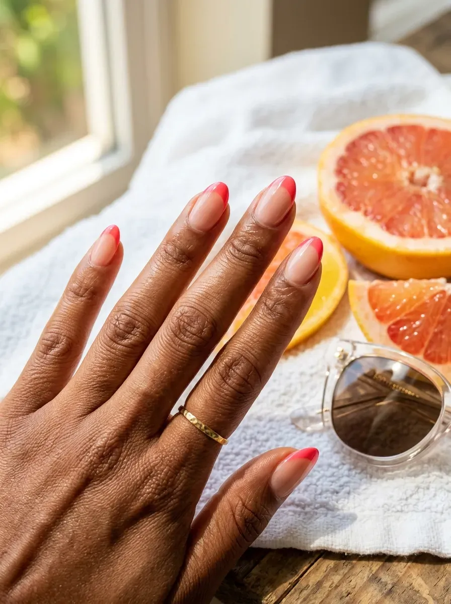 Pink grapefruit French tips on short almond nails with brown skin