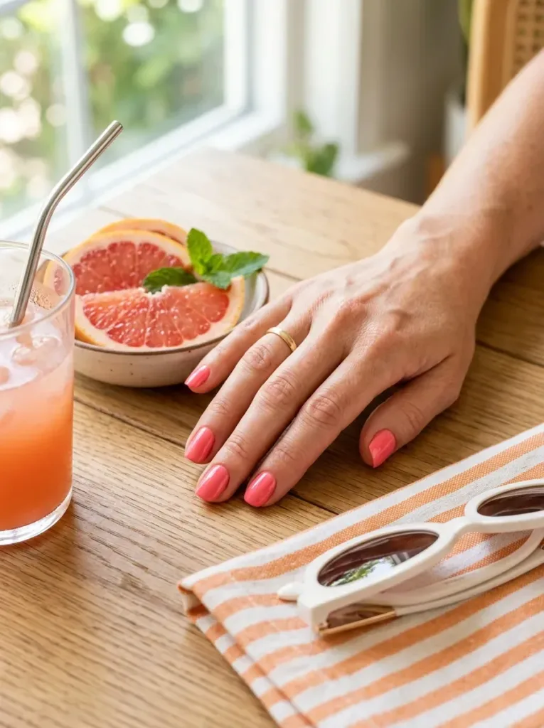 Short squoval nails painted with glossy pink grapefruit coral polish