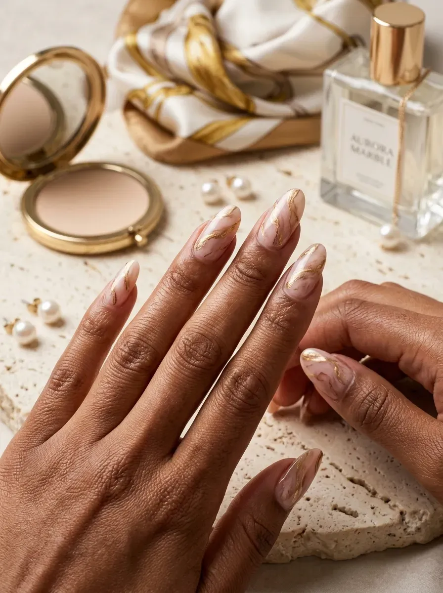 Long pink marble nails with fine gold veins on warm brown skin