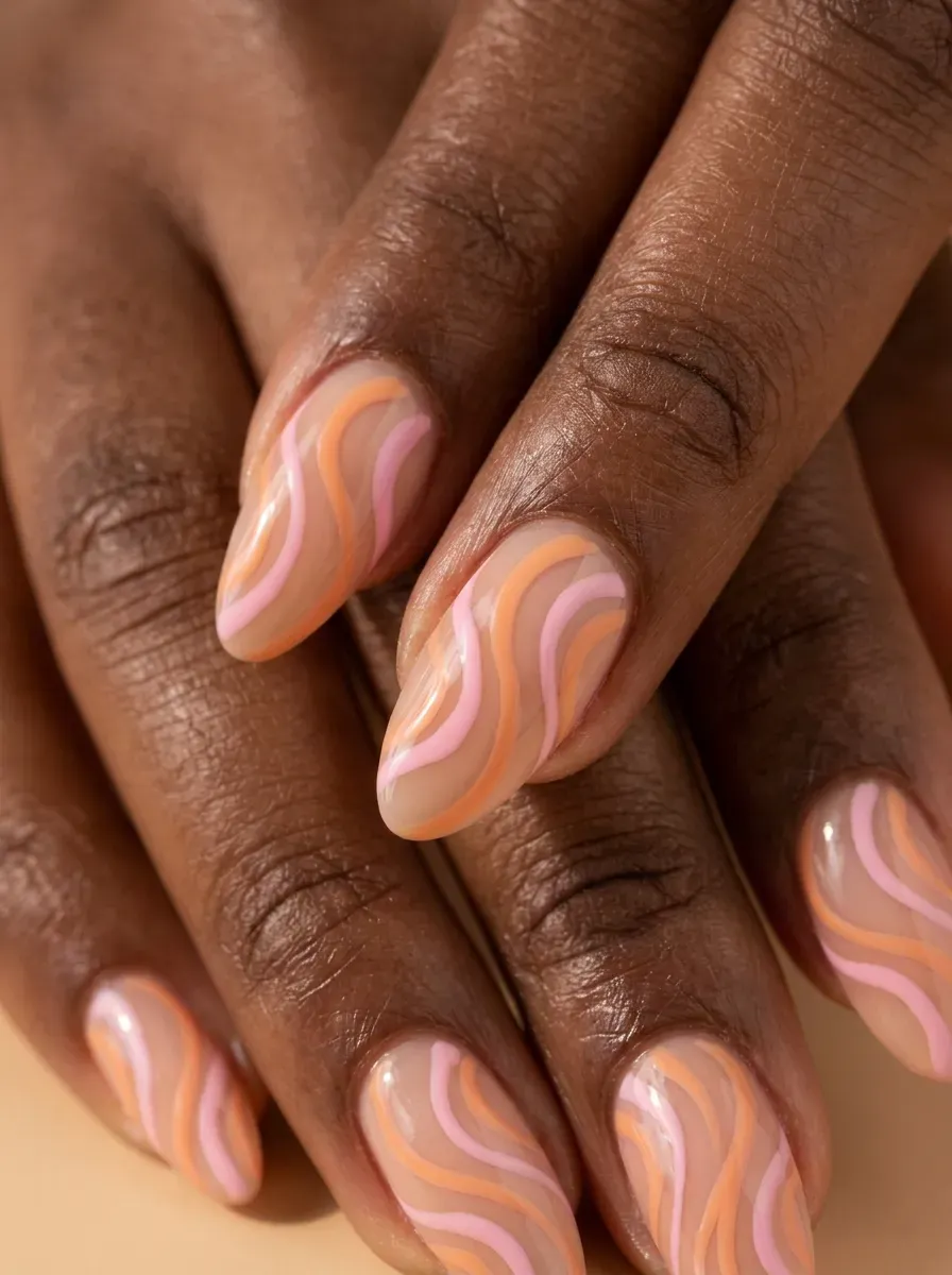 Medium almond nails with pastel pink and orange swirling lines