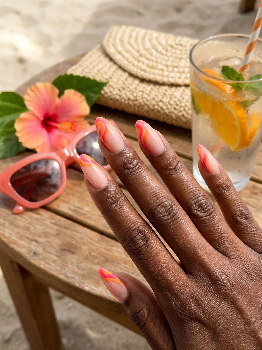 Pink and orange swirl French tips on almond nails with chestnut skin