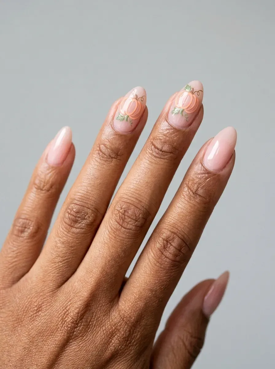 Medium almond nails with pink pumpkin outline accents over sheer polish