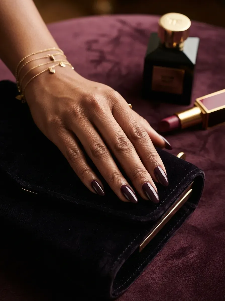 Plum deep French tips on long almond nails with warm brown skin