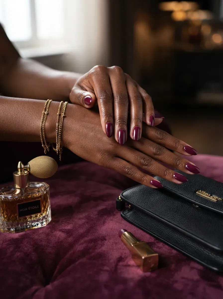 Glossy plum French tips on almond nails over deep brown skin
