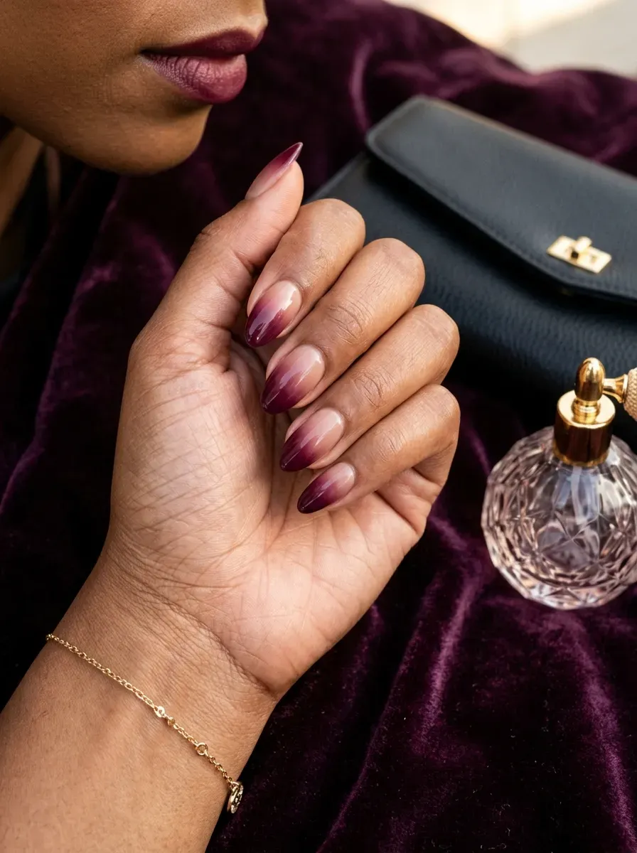 Plum French ombré on almond nails over warm brown skin