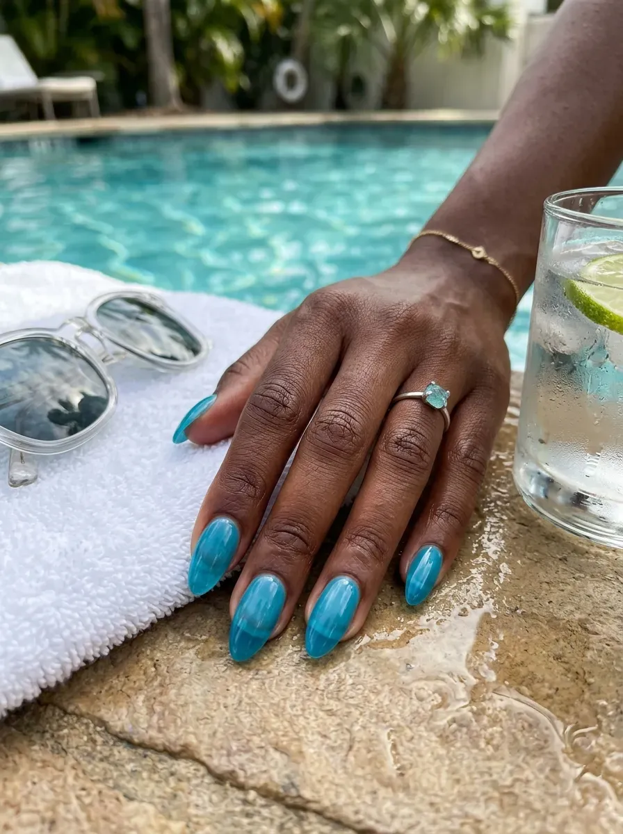 Translucent pool blue jelly nails on almond shape with chestnut skin