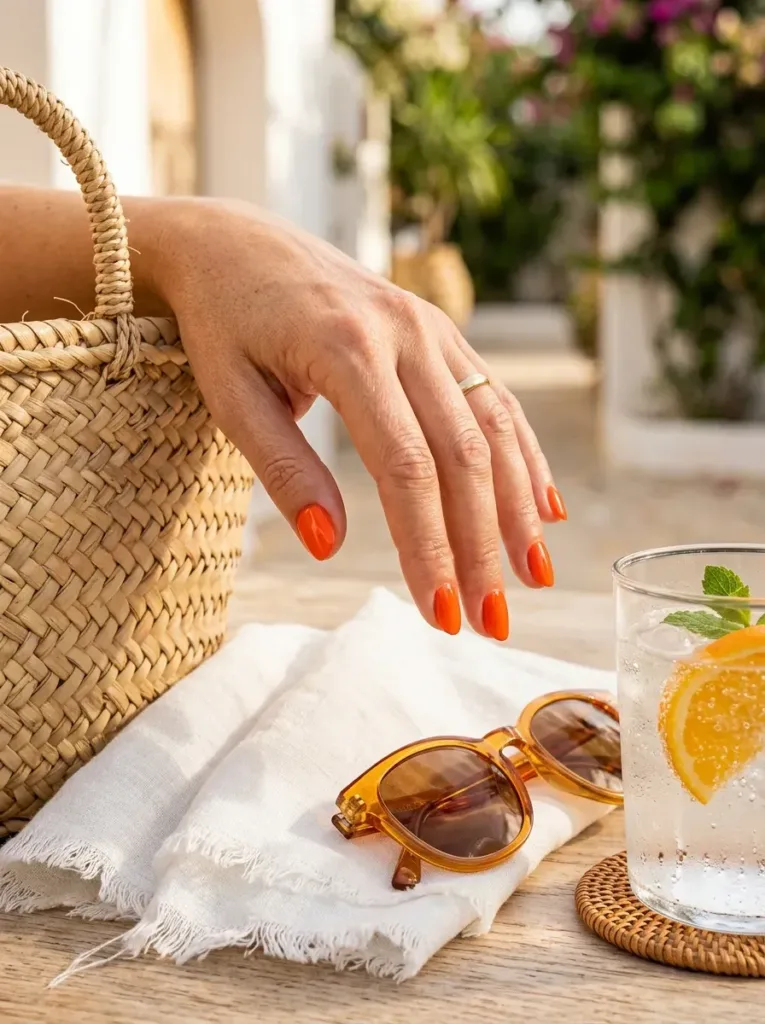 Short oval nails painted with vivid glossy poppy orange polish