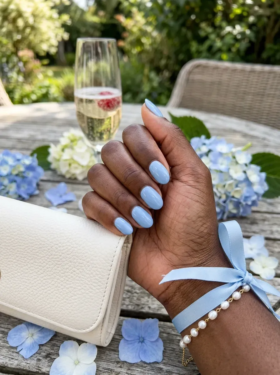 Powder blue micro French tips on short oval nails with dark skin
