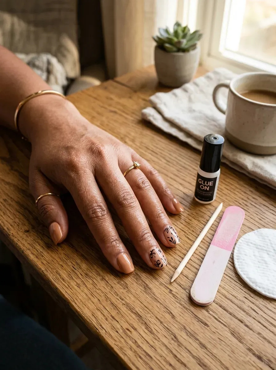 Short press-on manicure mixing nude glossy and simple patterned accent nails