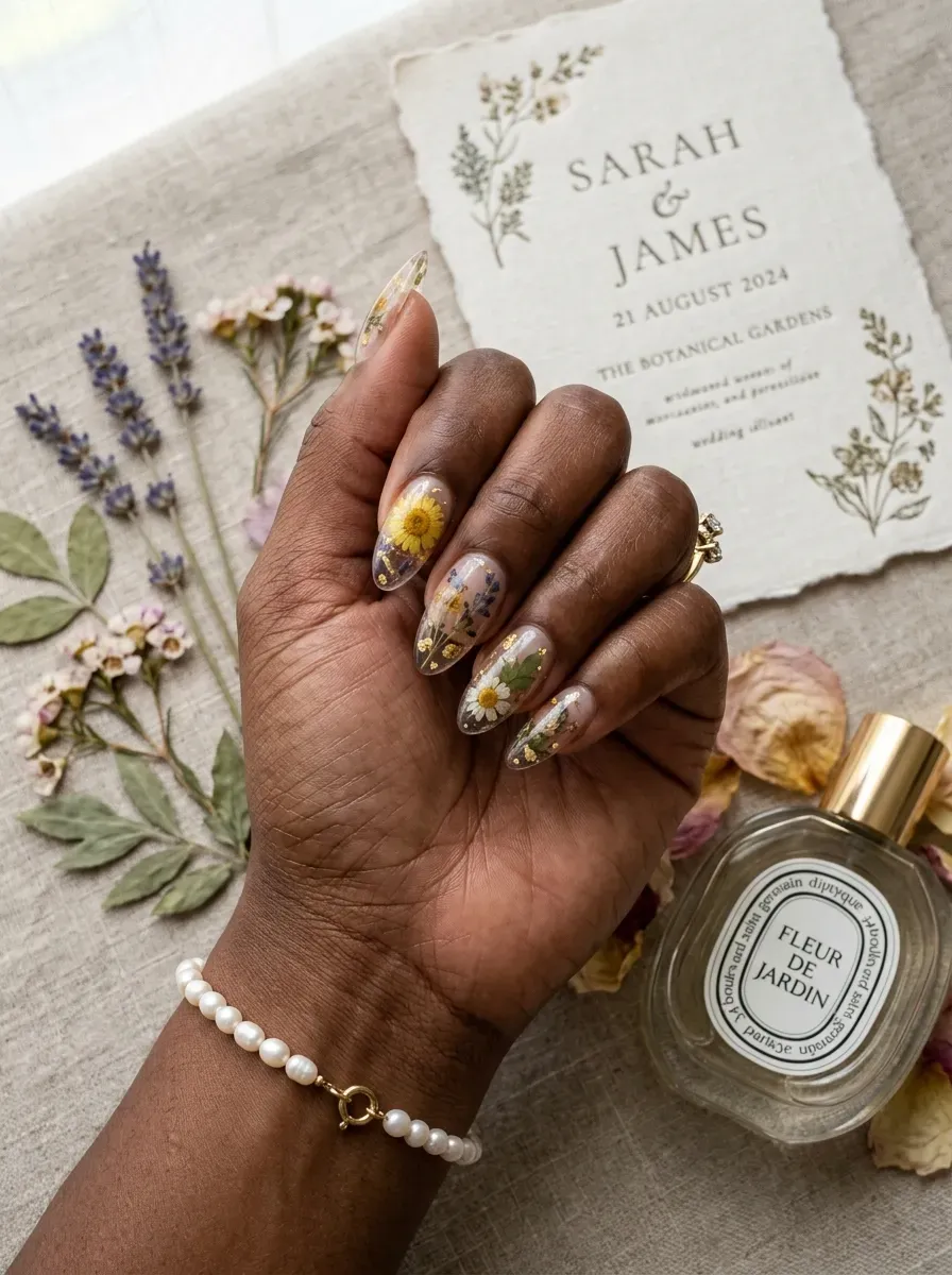 Tiny dried flowers embedded in clear French tips on deep brown skin
