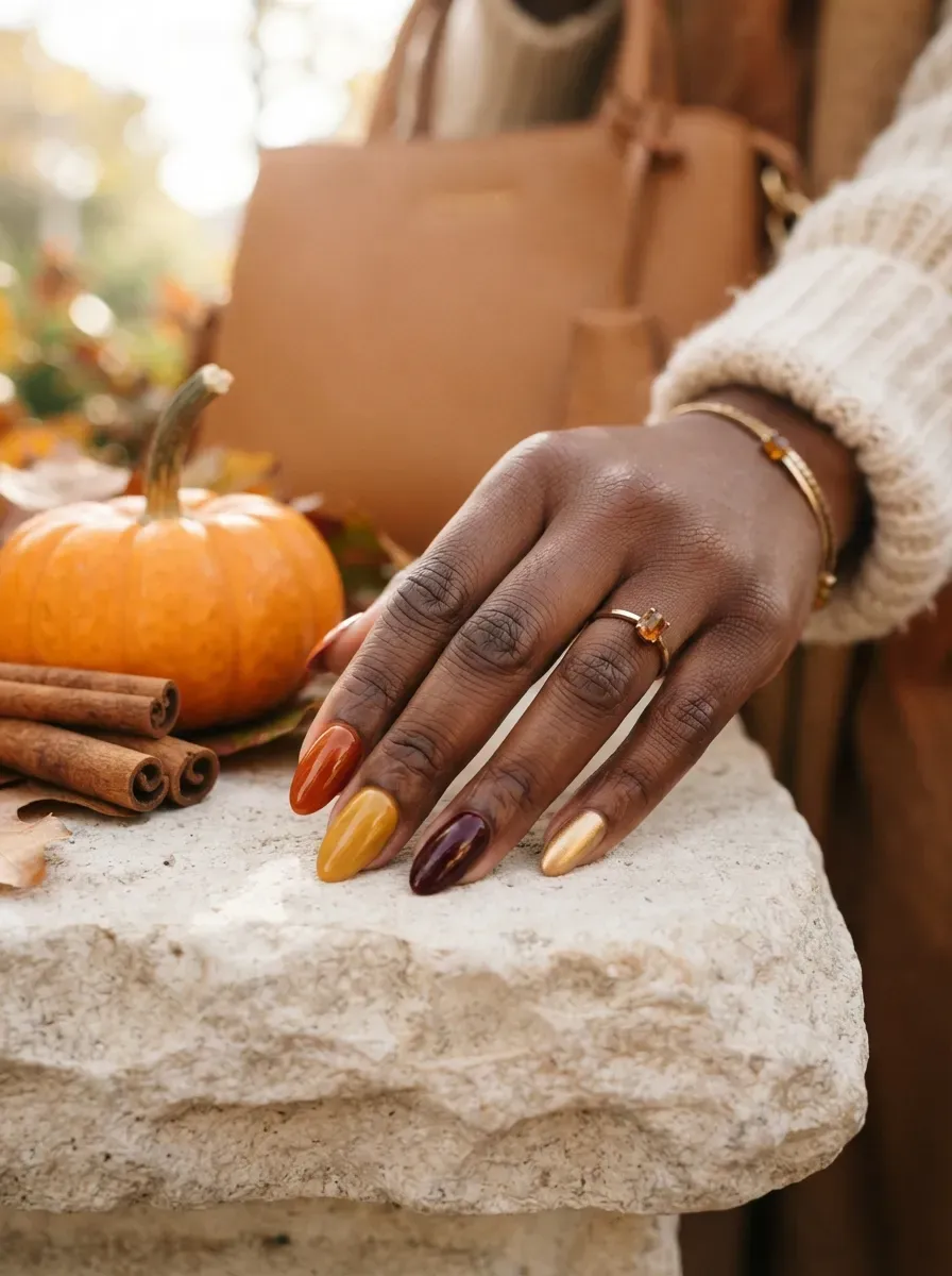 Glossy almond nails with creamy pumpkin orange French tips on dark skin