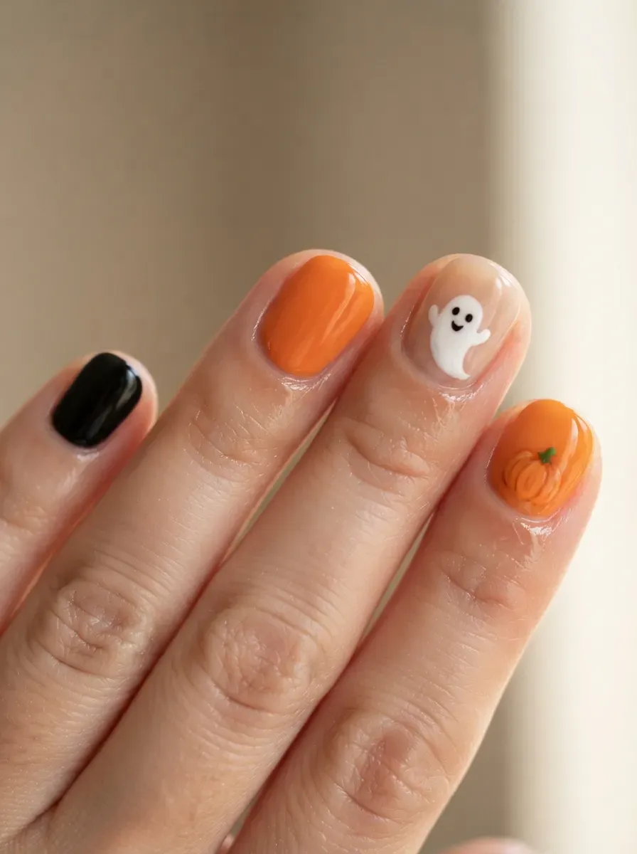 Short nails featuring alternating pumpkin ghost and orange Halloween accents