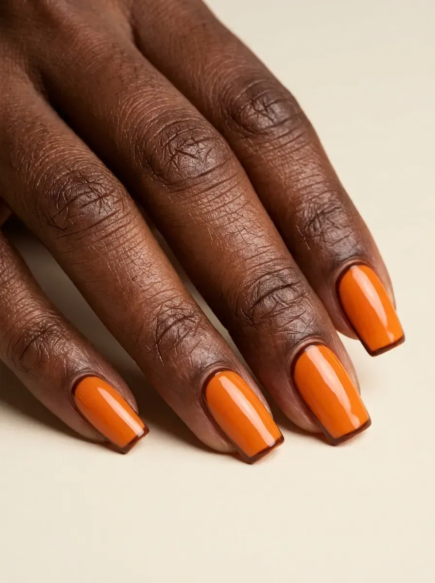 Medium square pumpkin orange gel nails with thin brown outline details