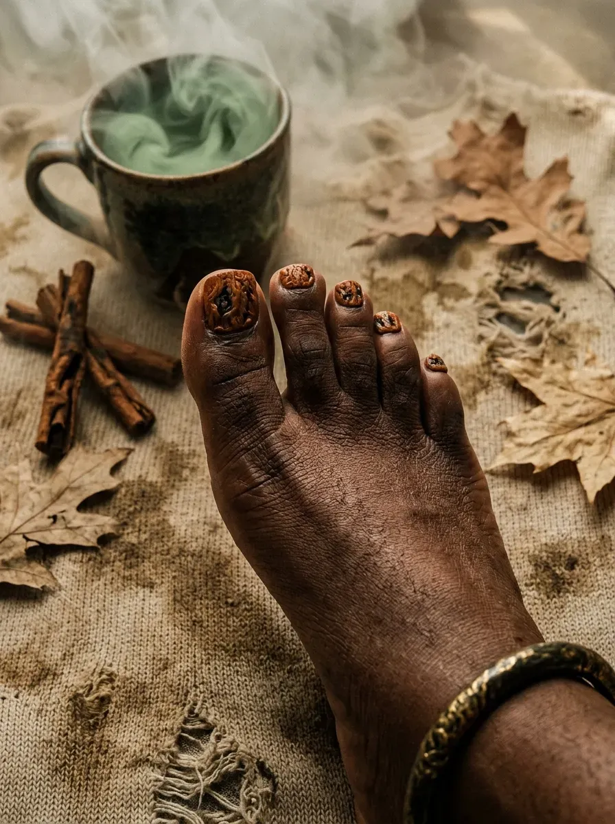 Warm pumpkin spice brown polish on short toenails with deep skin