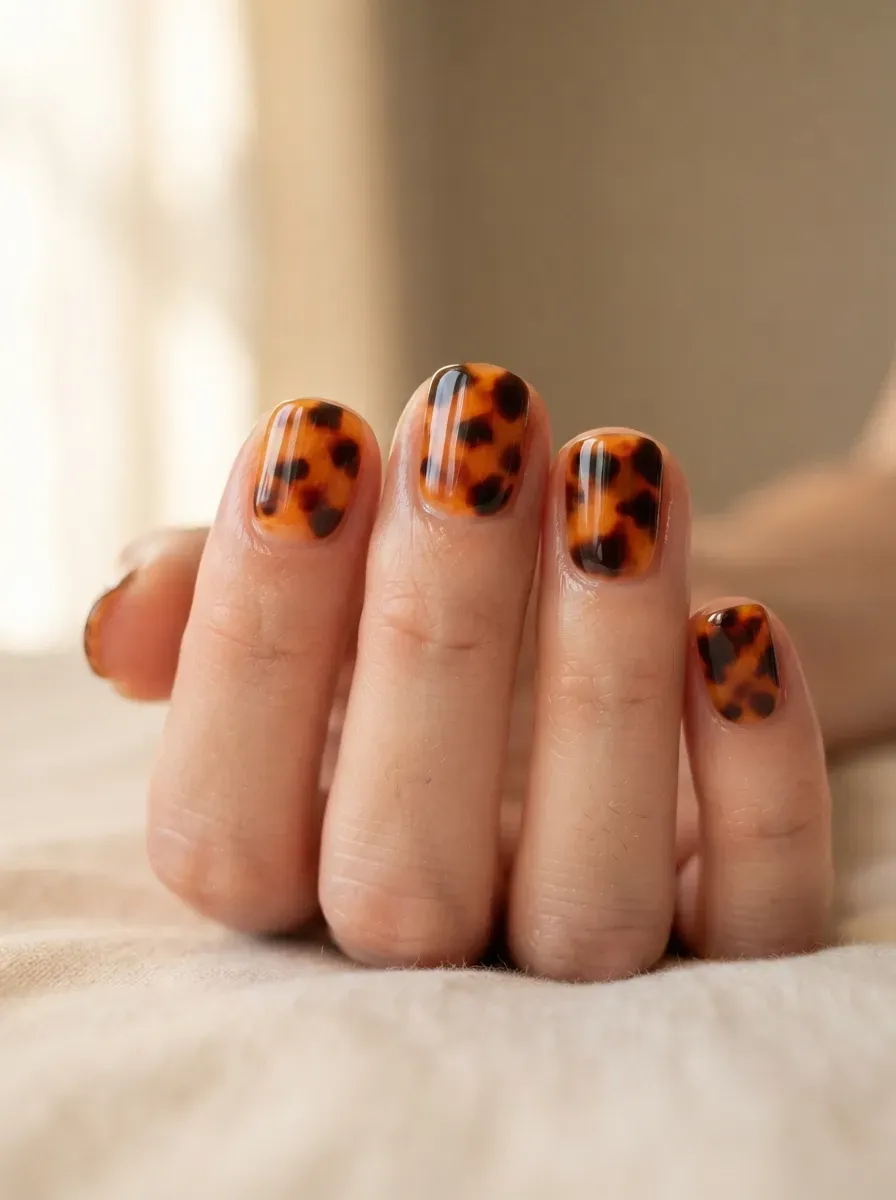Short tortoiseshell nails in caramel orange brown and black autumn tones