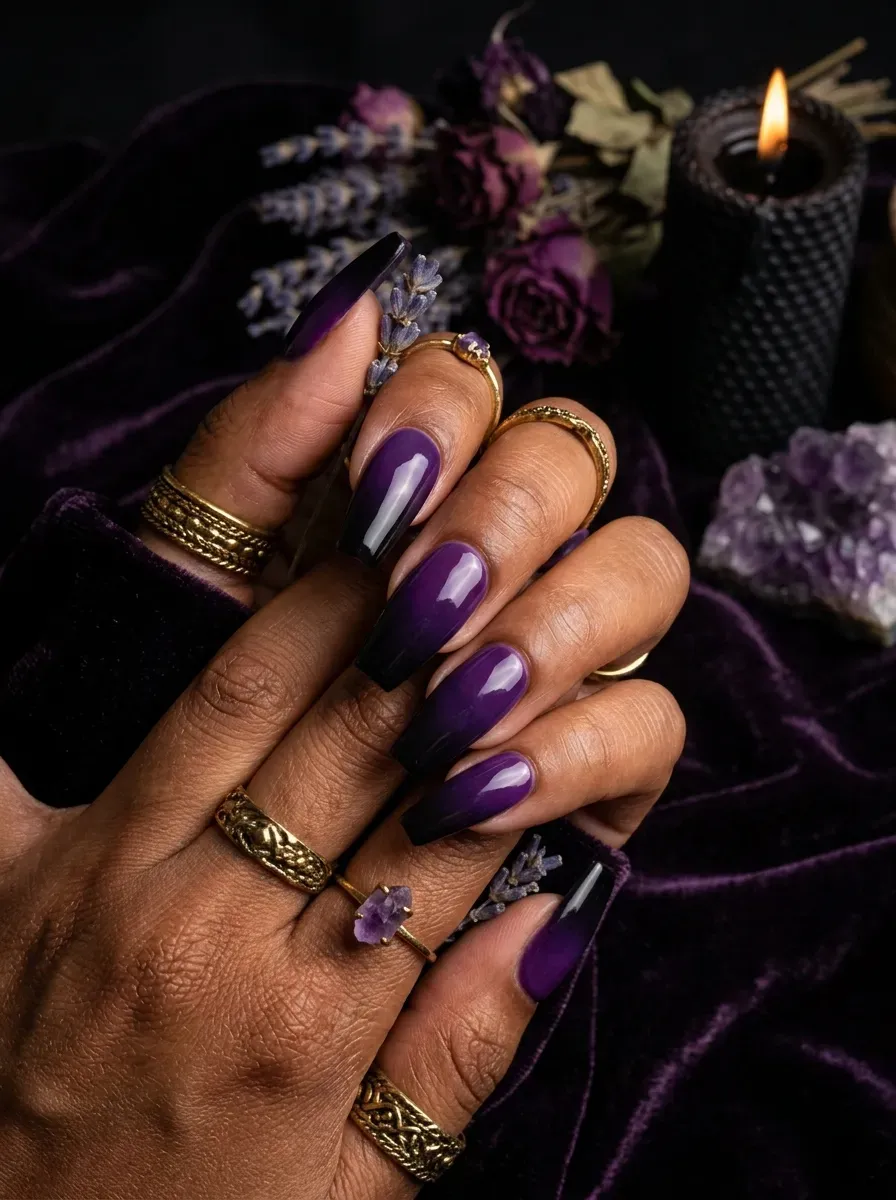 Purple and black ombre nails with Halloween witch colors