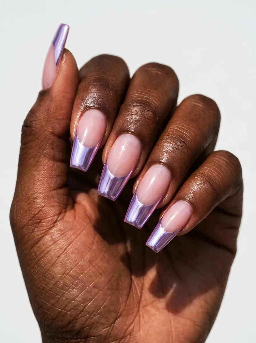 Medium coffin nails with lavender chrome French tips on rich dark skin
