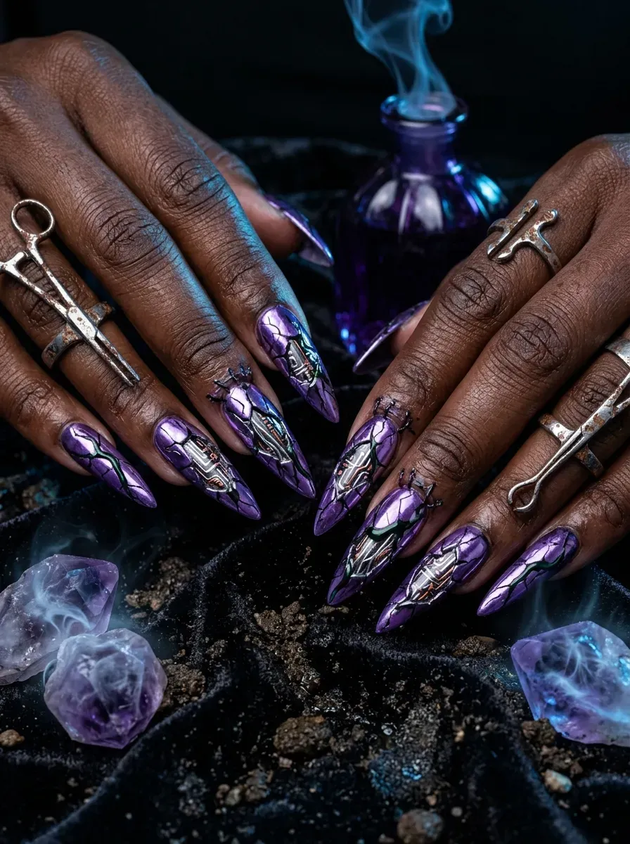 Purple chrome manicure with reflective Halloween witch style