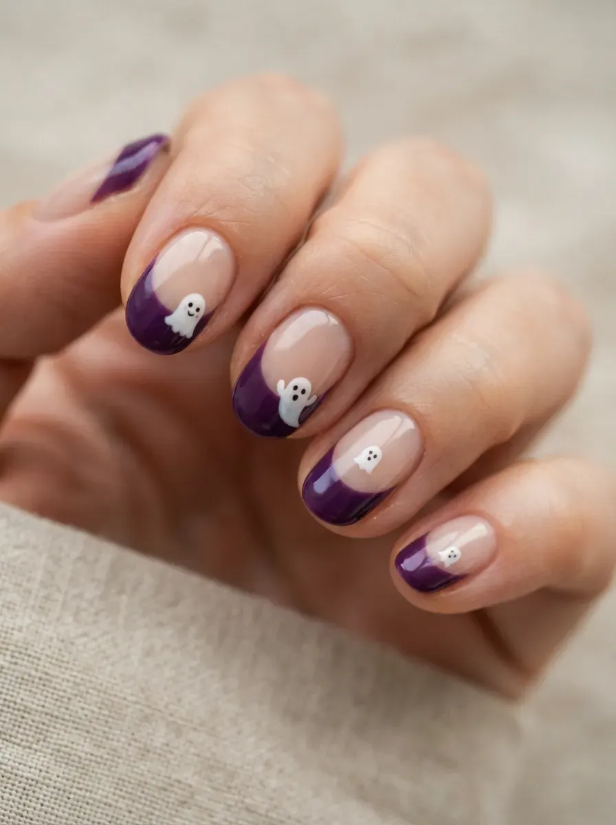 Short nails with purple French tips and tiny white ghost details