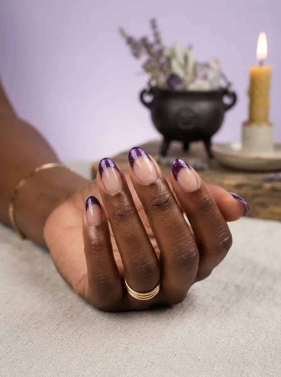 Short almond nails with a sparkling purple glitter tip over a nude base on deep chestnut skin