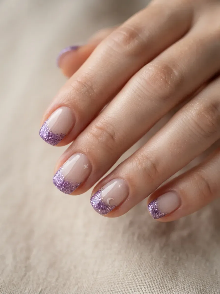 Short nails with purple glitter French tips and tiny witchy accents